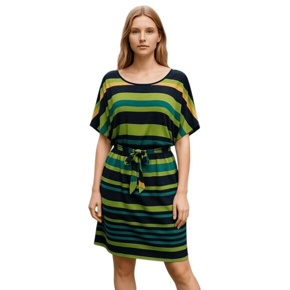 Tiana B Striped Mini Dress with Sash Size 10 Green and Navy Stripe Dress - Picture 1 of 9
